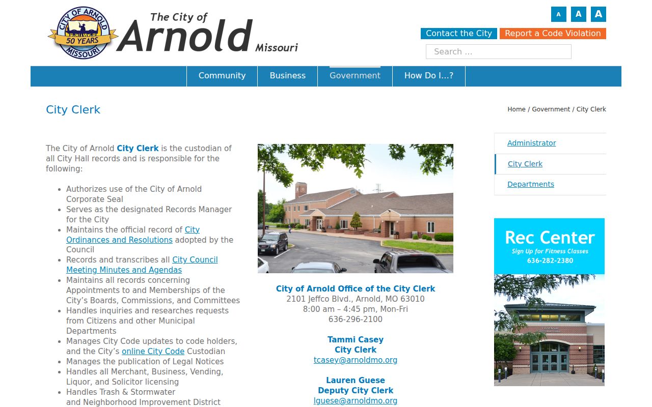 Arnold residents directory source showing the Arnold City Clerk records office page