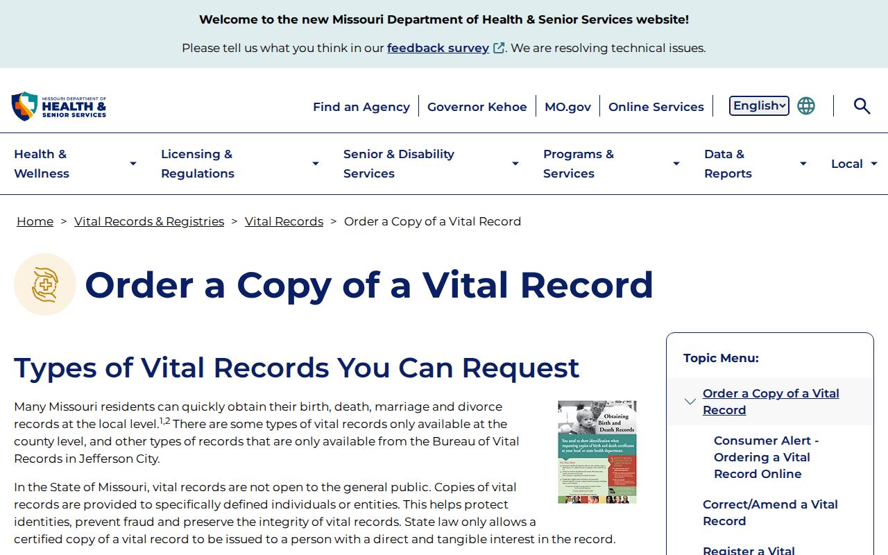 Arnold residents directory source showing Missouri vital-record ordering requirements