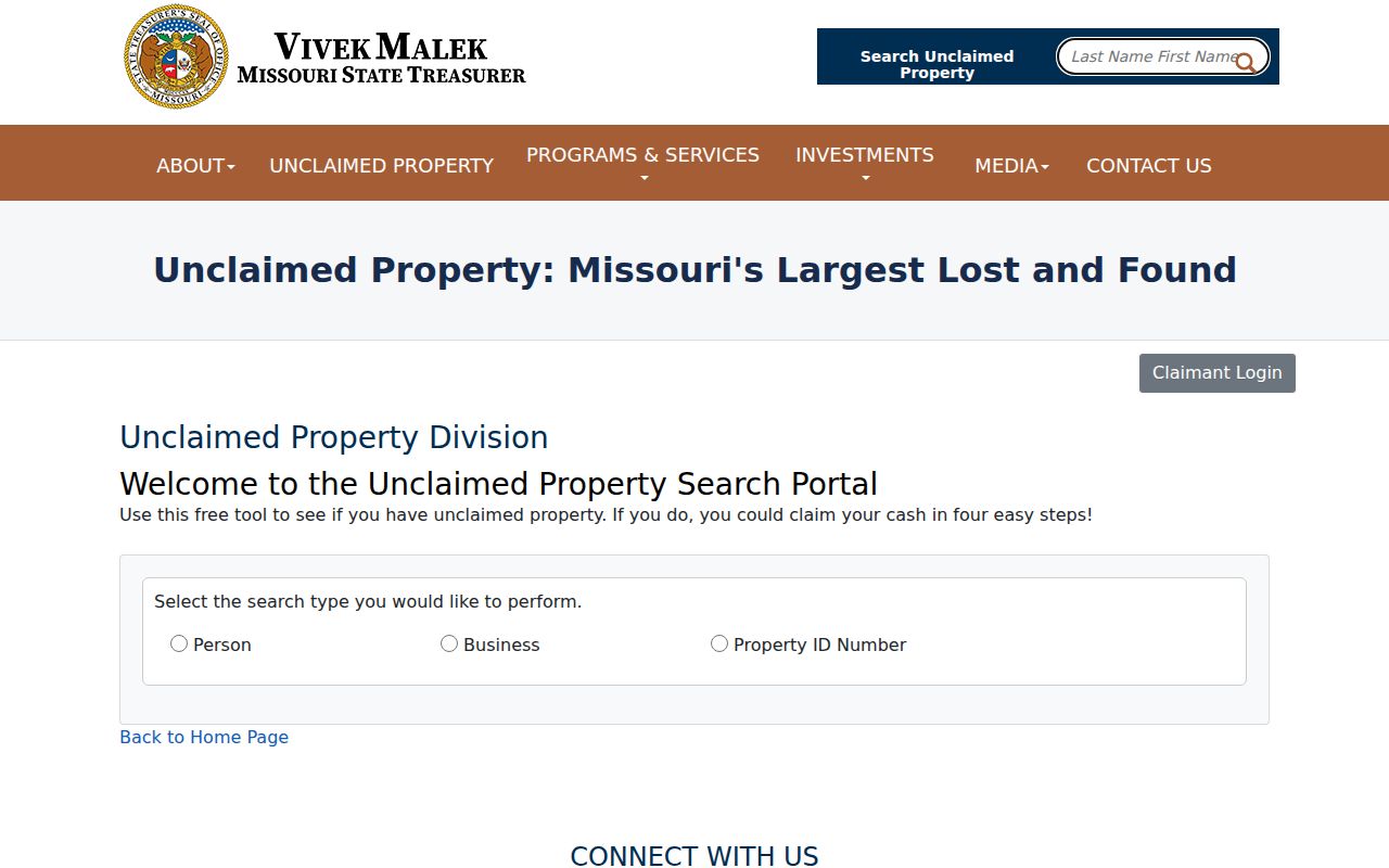 Arnold residents directory source showing Missouri Unclaimed Property person search