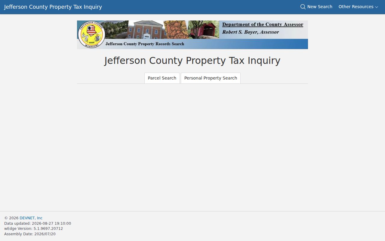 Arnold residents directory source showing Jefferson County DEVNET parcel search fields